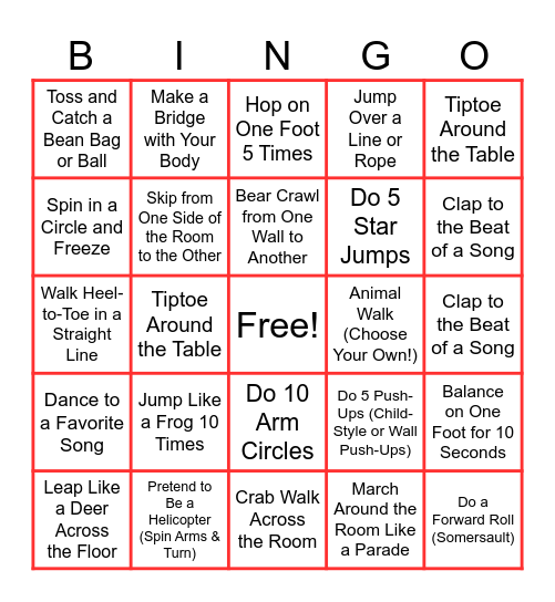 Gross Motor Movement BINGO Card