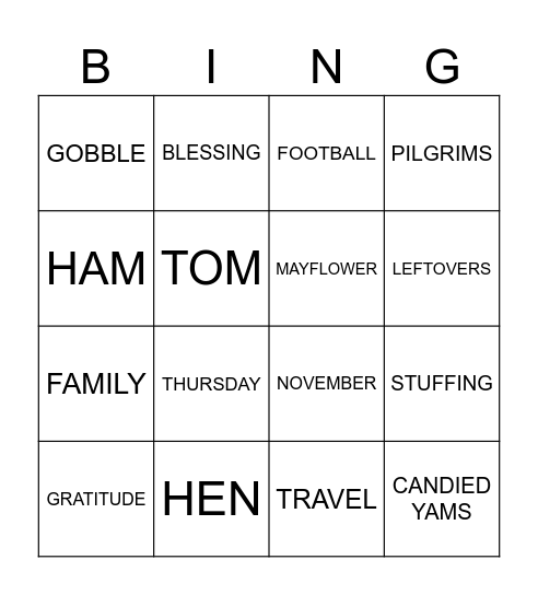 THANKSGIVING Bingo Card