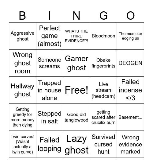 Phasmophobia Bingo Card