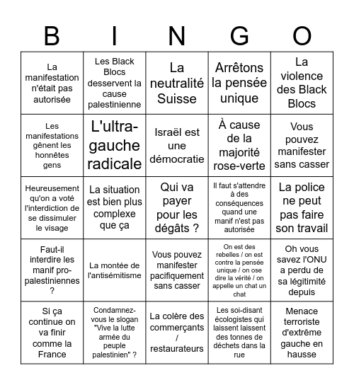 Bingo des arguments médiatiques suisses Bingo Card