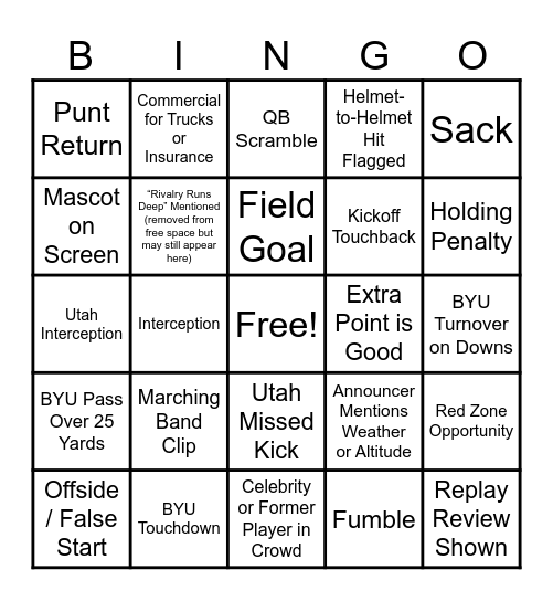 BYU vs. UTAH HOLY WAR Bingo Card