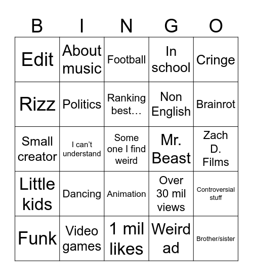 YT shorts Bingo Card