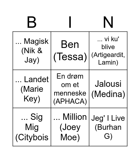 Musik Bingo (Dansk Musik) Bingo Card
