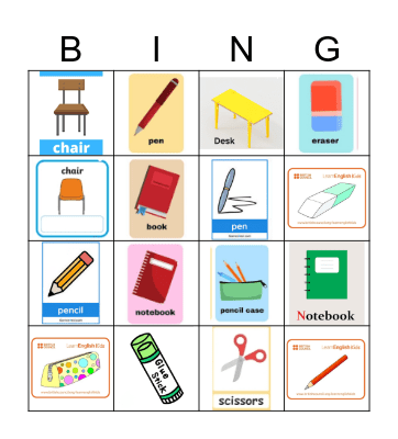 School Objects Bingo Card