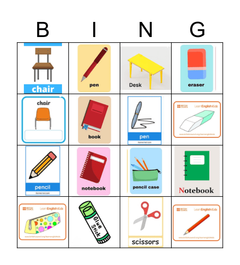 School Objects Bingo Card