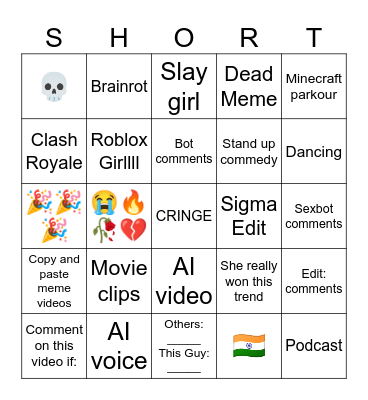 Shorts Bingo Card