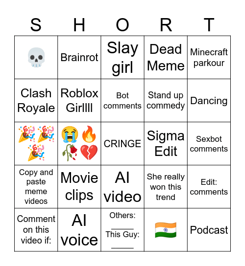 Shorts Bingo Card