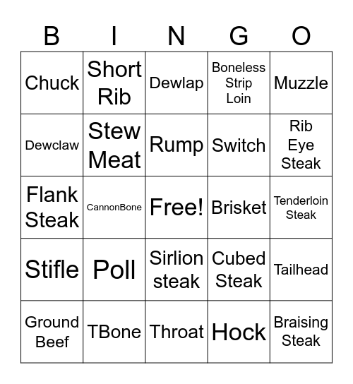 Steer & Meat Cut Bingo Card