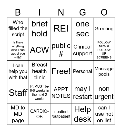 Pink Lady's Bingo Card