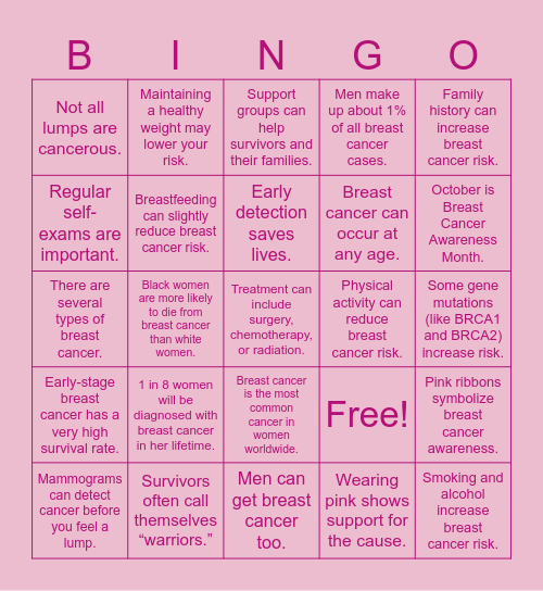 Think Pink Bingo Card
