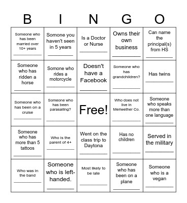 Class reunion BINGO Card