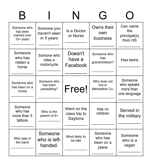 Class reunion BINGO Card