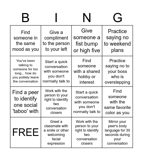 Social Skills BINGO Card