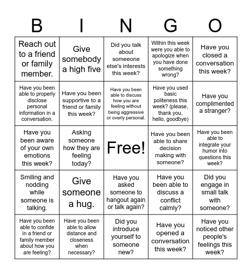 Psychosocial Bingo Card