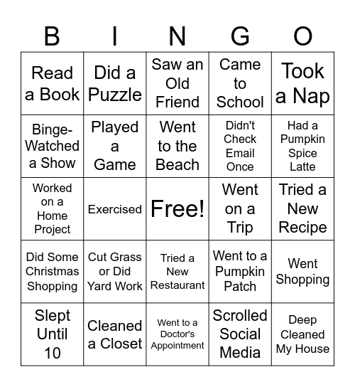 Fall Track Out Bingo Card