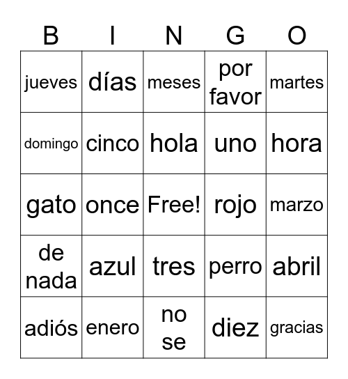 Spansih Bingo Card