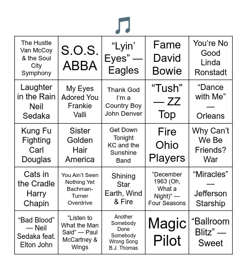 1975 TOP HITS Bingo Card