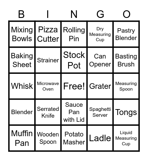Kitchen Tools Bingo Card