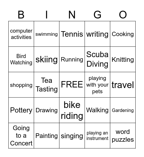 Leisure Time Bingo Card