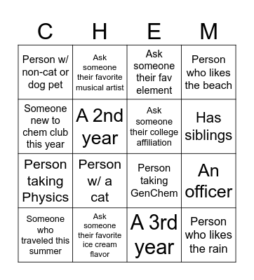 Chem Club Game Night Bingo Card