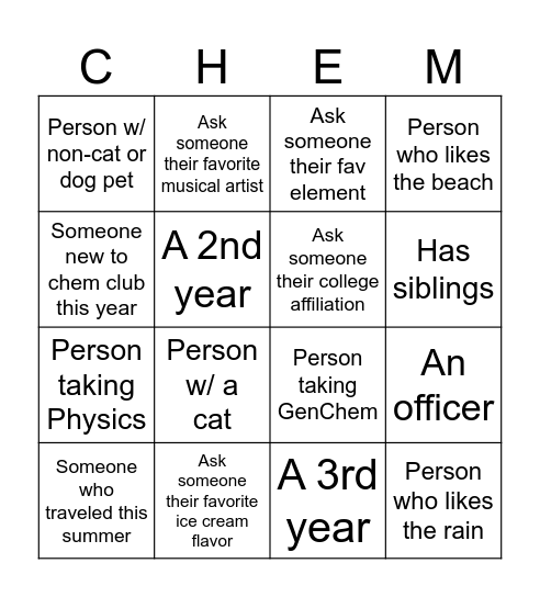 Chem Club Game Night Bingo Card