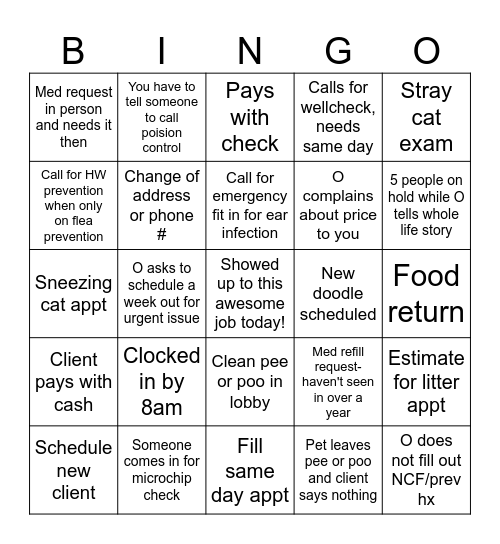 Receptionist Bingo Card