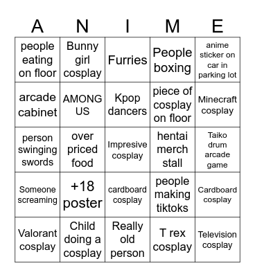 Anime Con Bingo Card
