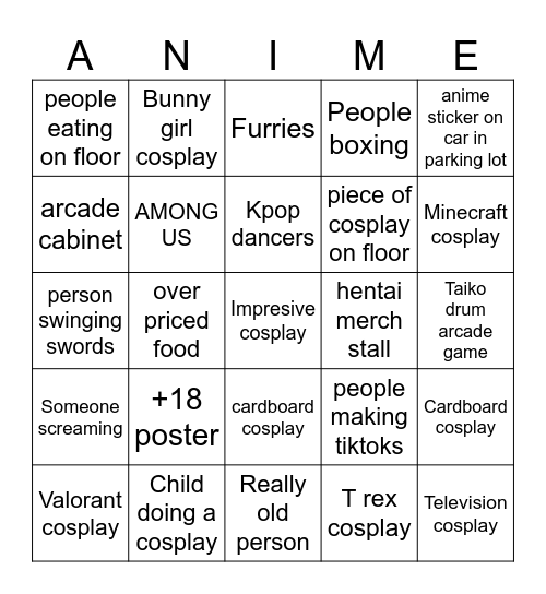 Anime Con Bingo Card