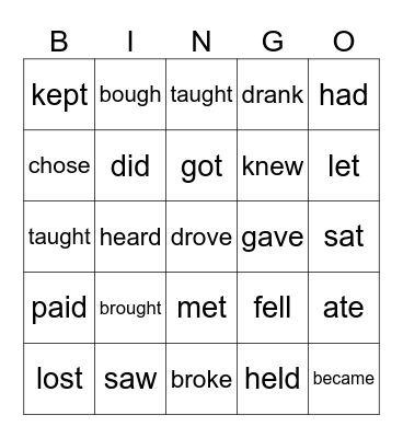 Irregular Verbs Bingo Card