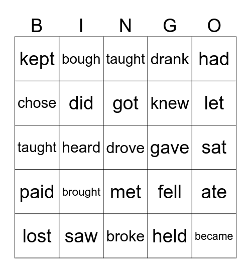 Irregular Verbs Bingo Card