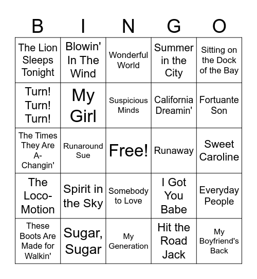60s Hits Bingo Card