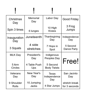 Holiday Movement Bingo Card