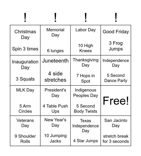 Holiday Movement Bingo Card