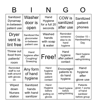 Handwashing Day Bingo Card