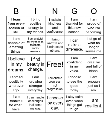 Fall Into Positivity: High School Affirmation Bingo Card