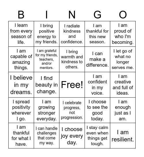 Fall Into Positivity: High School Affirmation Bingo Card