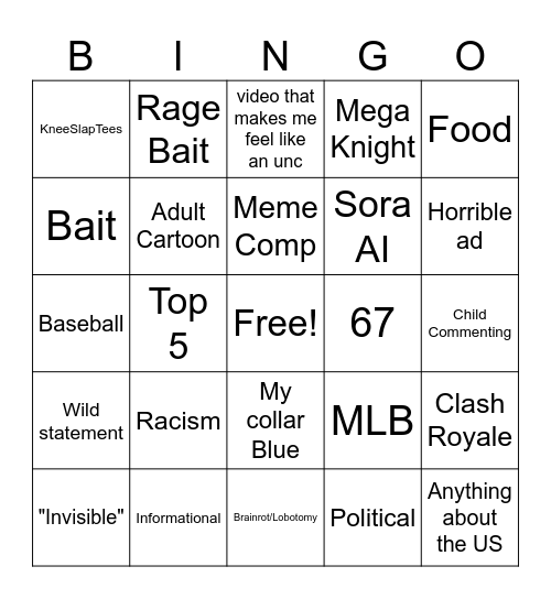 YT shorts Bingo Card