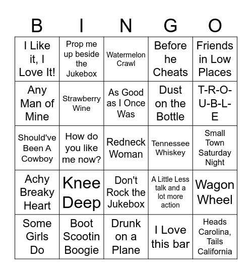 90's to Today Country Hits Bingo Card