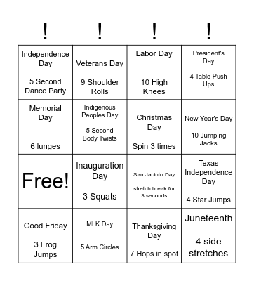 Holiday Movement Bingo Card