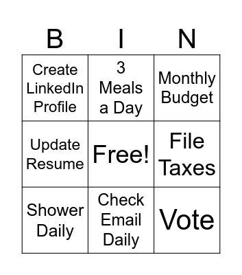 Life Skills Bingo Card