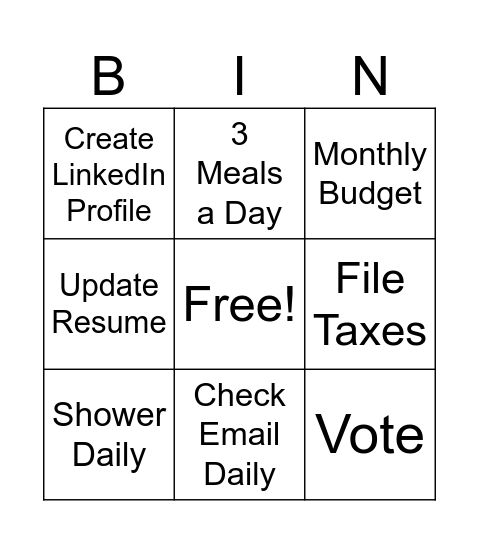 Life Skills Bingo Card