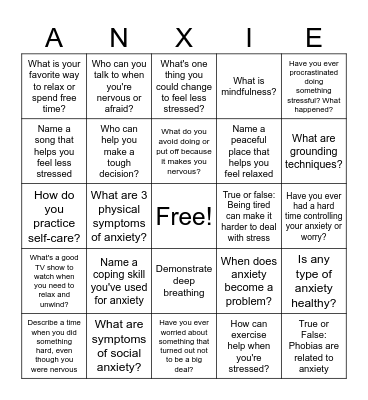 Education on Anxiety Bingo Card