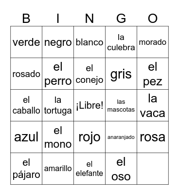 Los colores y Los animales Bingo Card