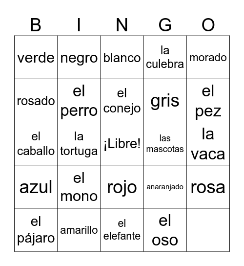 Los colores y Los animales Bingo Card