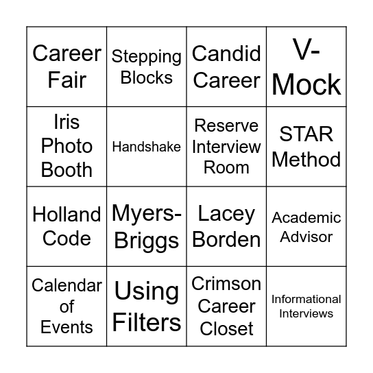 Overview of Career Center Bingo Card