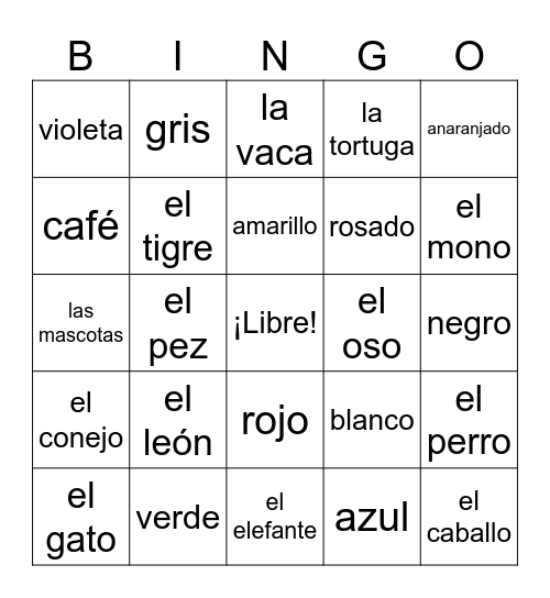 Los colores y Los animales Bingo Card