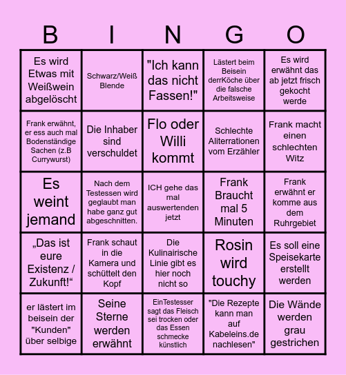 Rosins Restaurant Bingo Card