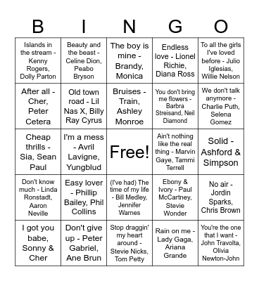 Duets Bingo Card