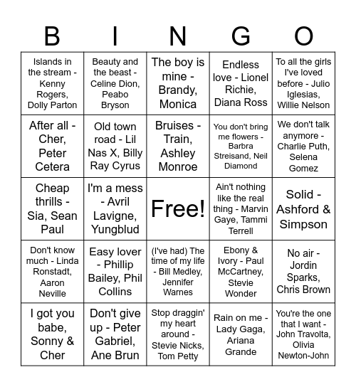 Duets Bingo Card