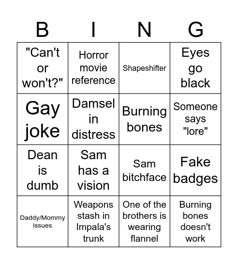 Supernatural 2 Bingo Card